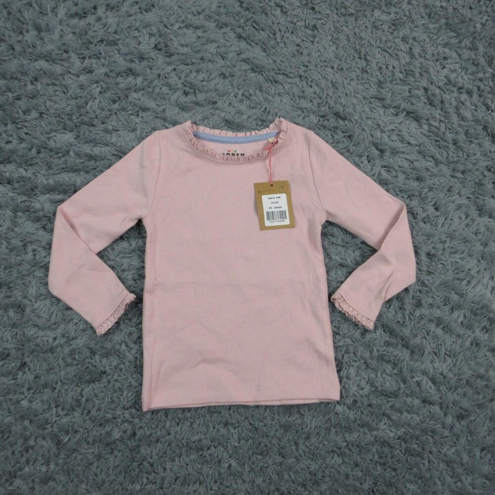Mini Boden Shirt Girls 4T Pink Long Sleeve Ruffle Neck Ribbed Tee Cotton NWT